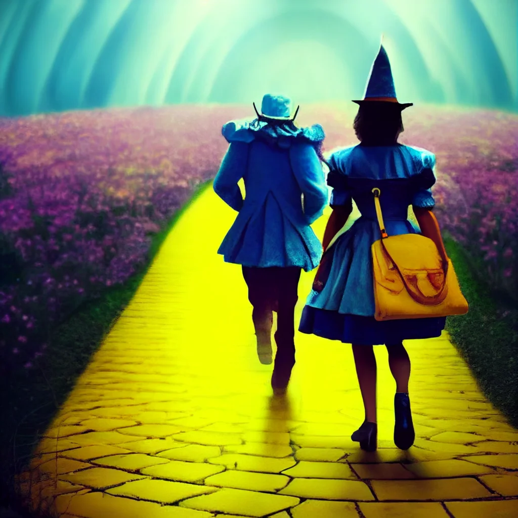 A photo for a blog titled "The Yellow Brick Road to Eunoiafy Coaching" with whimsical, mysterious characters walking down the yellow brick road towards enlightenment.