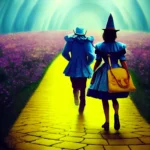 A photo for a blog titled "The Yellow Brick Road to Eunoiafy Coaching" with whimsical, mysterious characters walking down the yellow brick road towards enlightenment.